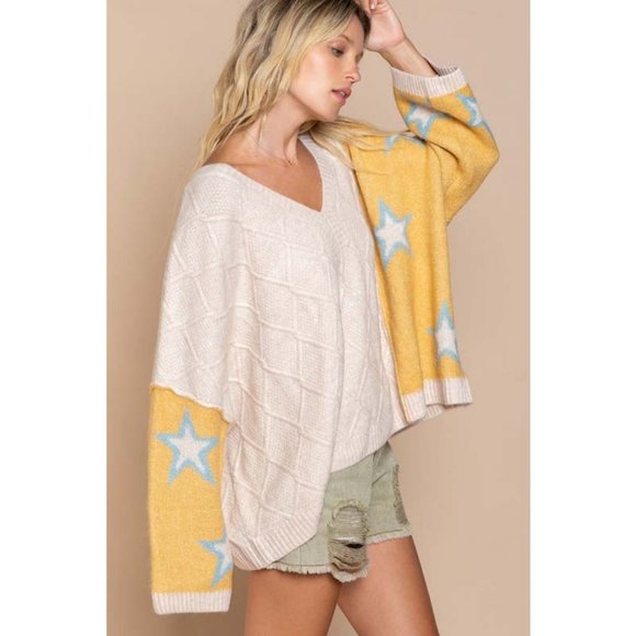 NEW POL Dandelion Blue Star Diamond Knit Color Block V Neck Oversized Sweater - Picture 5 of 11